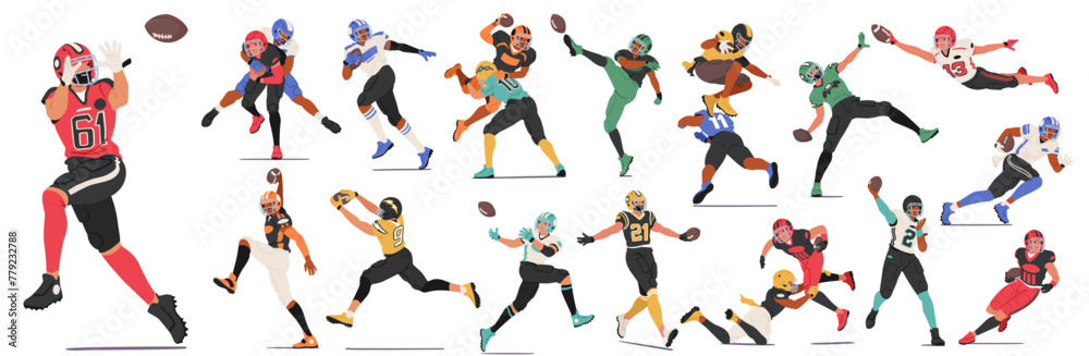 Rugby Player Characters Charge Across The Field, Tackling Fiercely, Sprinting And Skillfully Passing The Ball Vector Set Rugby Player Characters Charge Across The Field, Tackling Fiercely, Sprinting And Skillfully Passing The Ball Vector Set