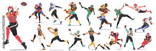 Rugby Player Characters Charge Across The Field, Tackling Fiercely, Sprinting And Skillfully Passing The Ball Vector Set