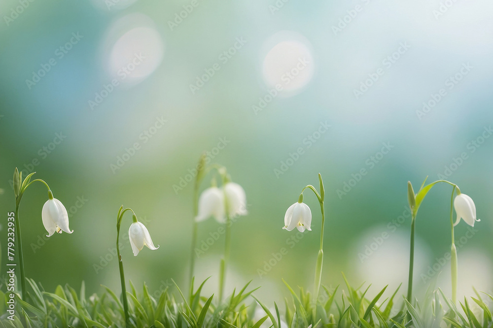 Abstract summer nature background with evenly trimmed short green grass and white lilies of the valley and a light blue blurred background in fine bokeh, copy space available