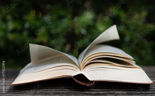 An old book lies open on a weathered wooden board. A blurred green hedge in the background. The wind plays with the pages of the book. The writing in the book is illegible.