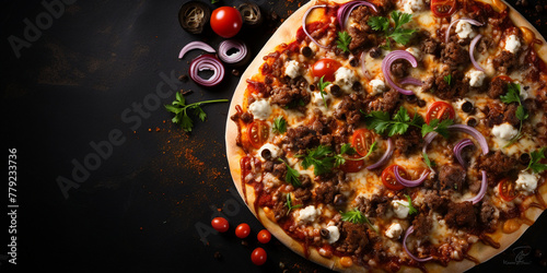 Top view of Mexican pizza with tomato sauce, mozzarella, beef, peppers, onion, olives, and tomatoes, with copy space, dark concrete background Menu concept. Delicious tasty Italian food diet