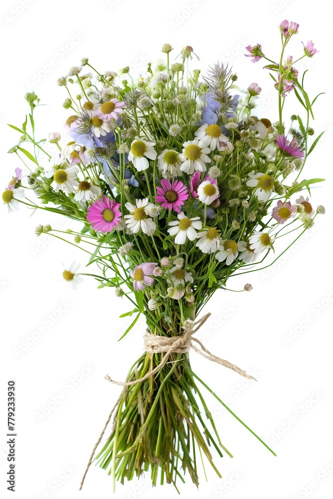 Bouquet of spring wildflowers isolated on white background