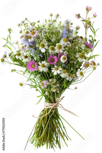 Bouquet of spring wildflowers isolated on white background photo
