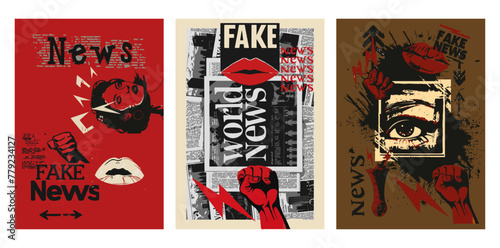 Set illustrations face, lips, eyes, fist, red gloves above them, "FAKE News", newspaper cut out look, vintage style, flat design, clip art aesthetic, simple collage in style of a newspaper collage.