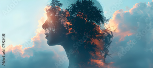 A double exposure effect of silhouettes of trees in her mind with clouds around it against a blue and pink sky background, depicting a peaceful and imaginative atmosphere.