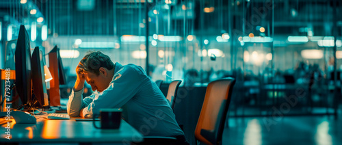 An adult young man sits at a table and rests his hand on his head. Headache. Tired and apathetic at work. Office workspace. Achieving success and motivation. Banner. Copy space photo