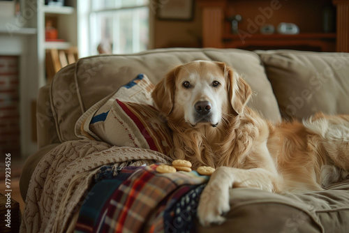 Attentive Golden Retriever Waiting on Couch with Treats