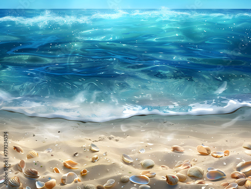 A beautiful ocean scene with a wave crashing on the shore. The water is blue and the sand is covered in shells. Scene is peaceful and serene, as if one is standing on the beach and watching the waves