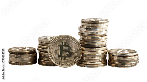 Bitcoins coins stack, concept of stock market exchange or financial technology - on white background