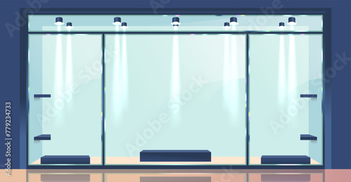 Realistic 3d Vector Glass Facade Of The Store Or Commercial Office Building. Transparent Boutique Showcase Gleams