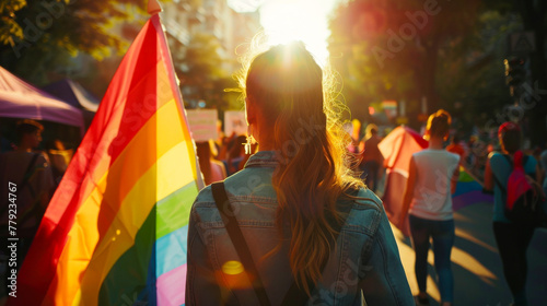 People Holding LGBT and Trans Flags in Street Protest 
