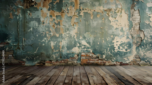 A wall with a lot of peeling paint and a wooden floor. The wall is covered in cracks and the paint is chipping off. The room has a lot of space and the wooden floor adds a rustic touch to the space