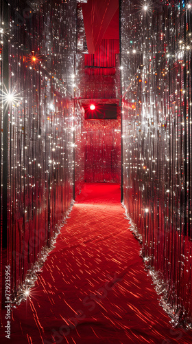 A long red carpet with a silver curtain in the background. The curtain is made of shiny silver material and is lit up