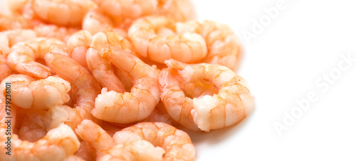 Shrimps. Fresh peeled Prawns isolated on white background.  Preparing healthy seafood, cooking, diet, nutrition concept. Sea food, border design