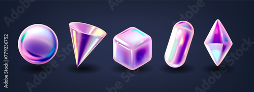 Holographic Geometric Shapes, 3d Vector Render Sphere, Cube, Cone, Crystal or Ellipsoid Three-dimensional Glossy Forms
