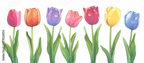 A row of vibrant tulips sits neatly in a flowerpot against a white backdrop. The colorful petals stand out against the grass and create a beautiful display of natures art