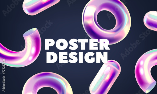 Vector Banner with Vibrant Holographic 3d Shapes of Torus and Semi-Ring Interplay On Sleek Black Backdrop photo