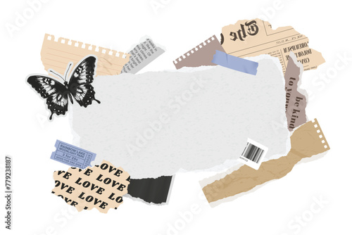 Vector collage banner of torn paper and old icons. Modern trendy retro styleTorn newspaper, retro flower, butterfly stamp, rip notebook sheets, handwriting quotes, craft notepaper, old grunge paper. 