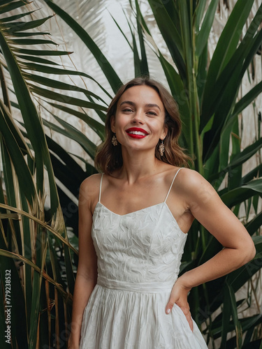 Woman Wearing White Dress And Red Lipstick, A Portrait of Red-Lipped Beauty Amidst Palm Leaves, Enigmatic Elegance