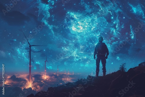 A futuristic image of a man in a space suit observing a mesmerizing starry sky above wind turbines
