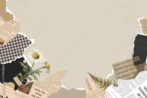 Retro collage frame background. Collage elements of torn newspaper, retro flower, photo card, rip sheet, handwriting quote, craft notepaper, old grunge paper. Trendy vintage banner.