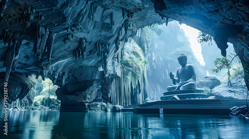 Buddha Statue in a Science-Fiction Cave by the Water photo