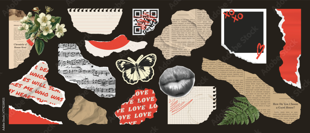 Fototapeta premium Collage set of wrinkled paper sheets, rip notepaper, scrap music sheet, retro gazette, torn newspaer, stamp butterfly, plants, mouth. Trendy collage vector set, retro modern stickers.