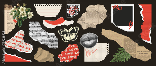 Collage set of wrinkled paper sheets, rip notepaper, scrap music sheet, retro gazette, torn newspaer, stamp butterfly, plants, mouth. Trendy collage vector set, retro modern stickers.