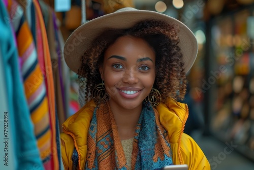 Fashionable smiling woman wears a hat and yellow coat, enjoying her time in a market