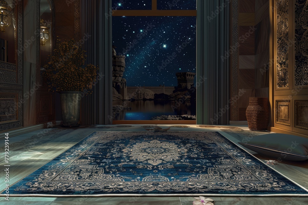 Persian rug in midnight blue and silver, positioned at the heart of the room, shimmers under starlight.