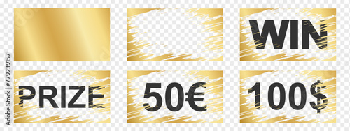 Gold scratch card surfaces with new and scraped textures with Win, Prize and money winning text. Set of of winner lotteries, sale coupons, jackpot scratchcards templates. Vector realistic illustration