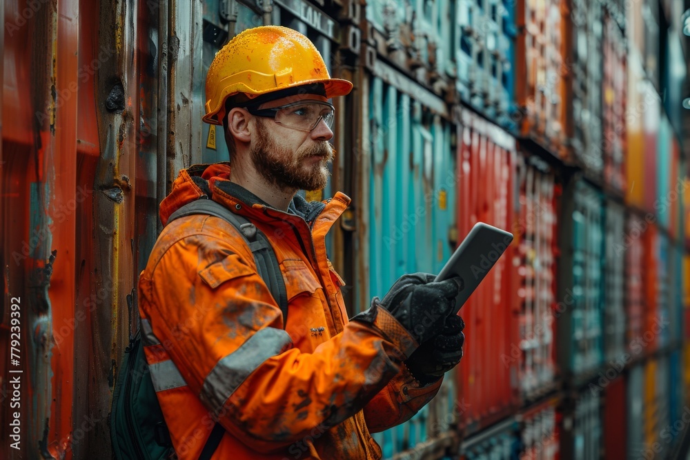 A focused worker in high-visibility clothing uses a tablet among colorful shipping containers, depicting logistics A focused worker in high-visibility clothing uses a tablet among colorful shipping containers, depicting logistics