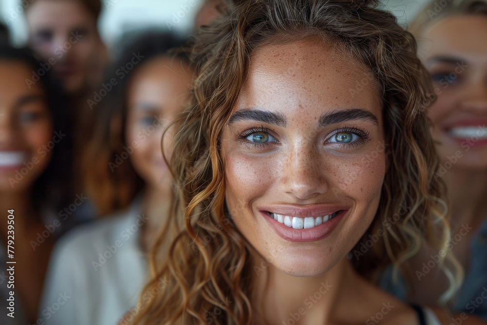 Fototapeta premium Detailed portrait of a young woman with captivating green eyes and curly hair