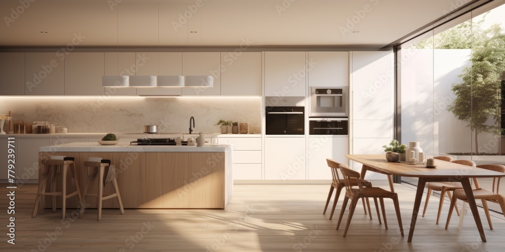 A spacious kitchen featuring minimalist design, clean lines, natural wood dining table, and large windows allowing for abundant natural light A spacious kitchen featuring minimalist design, clean lines, natural wood dining table, and large windows allowing for abundant natural light