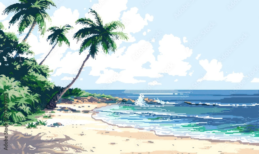 A serene pixel art illustration of a tropical beach with palm trees, clear sky, and tranquil ocean waves hitting the shore, invoking a nostalgic and peaceful vibe