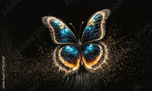 Golden Glow: A Butterfly with Golden Dust Radiates Against a Nighttime Sky