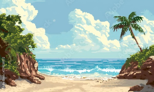 A serene tropical beach with pixel art style conveys a nostalgic and peaceful vacation spot Palm trees, blue skies, and gentle waves add to the calmness