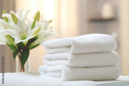 A serene spa environment with fresh white lilies resting on fluffy towels, suggesting luxury and relaxation..