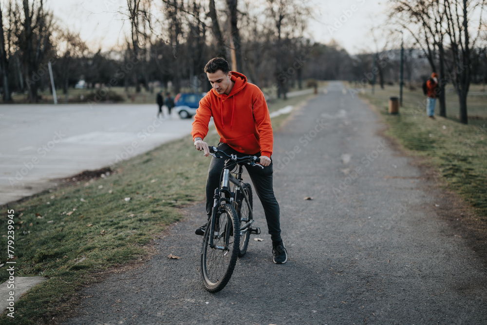 A youthful male cycles through a scenic urban park, embracing a healthy, active lifestyle on a relaxed weekend.