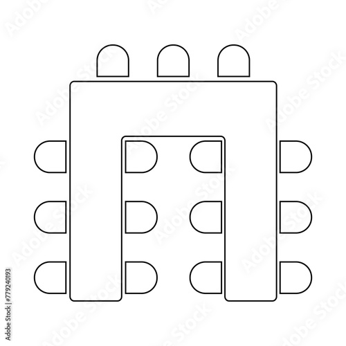 Seats arrangement on banquet or wedding event in restaurant or cafe. Business office or cabinet seating interior plan. Top view. Schematic tables and chairs icons set. Vector outline illustration