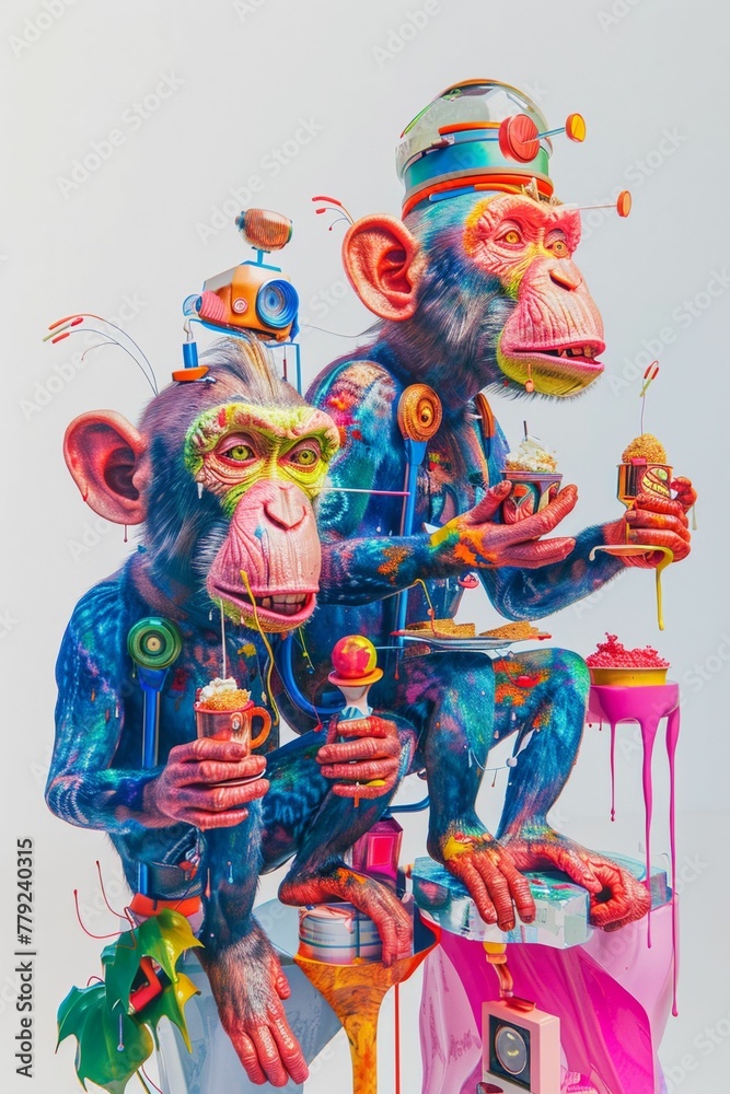 Bright and colorful monkeys making vegan fast food with futuristic gadgets, white backdrop