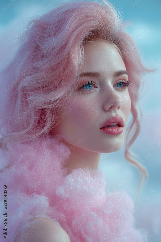 Young woman with soft pink hair and a whimsical, dreamy look, wrapped in a delicate cloud of pink fluff.