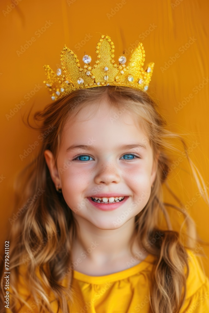 Little birthday girl with a gentle smile, wearing a shimmering tiara. on bright yellow background Little birthday girl with a gentle smile, wearing a shimmering tiara. on bright yellow background