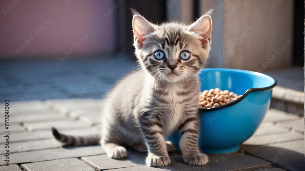 A striped kitten near a bowl of food