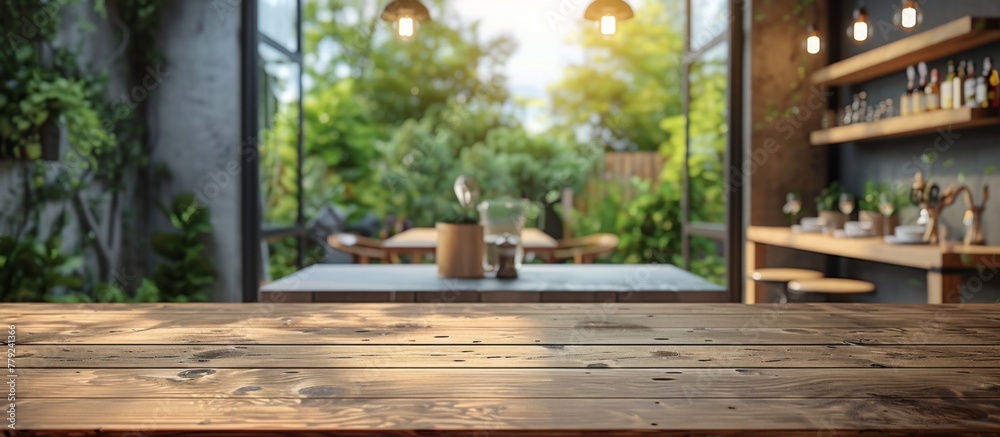 Wooden table positioned near a window offering a delightful view of a lush garden outside