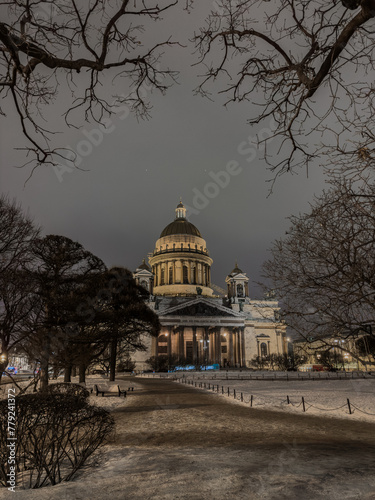Night view of frozen the monument St. Isaac's Cathedral in frost after severe frosts, Russia, St.Petersburg