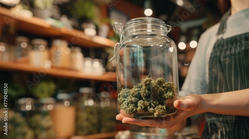 Dried and trimmed weed, marijuana or cannabis buds stored in a glass jar and big buds photo