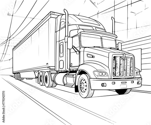 Outline illustration of Trailer truck in perspective view