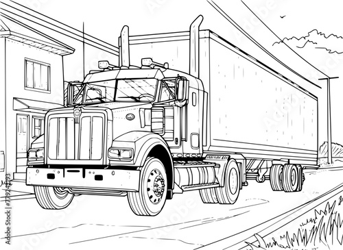 Outline illustration of Trailer truck with background