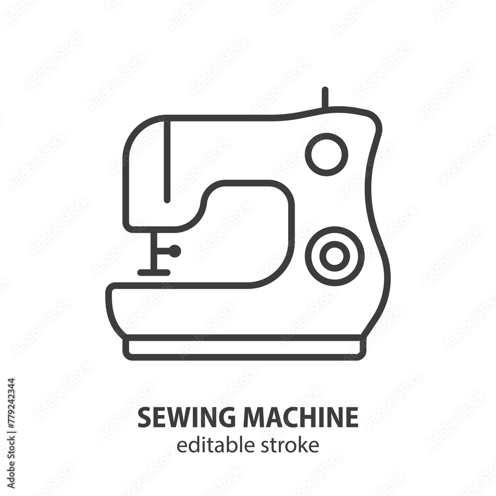 Sewing machine line icon. Tailor equipment outline symbol. Editable stroke. Vector illustration. Sewing machine line icon. Tailor equipment outline symbol. Editable stroke. Vector illustration.